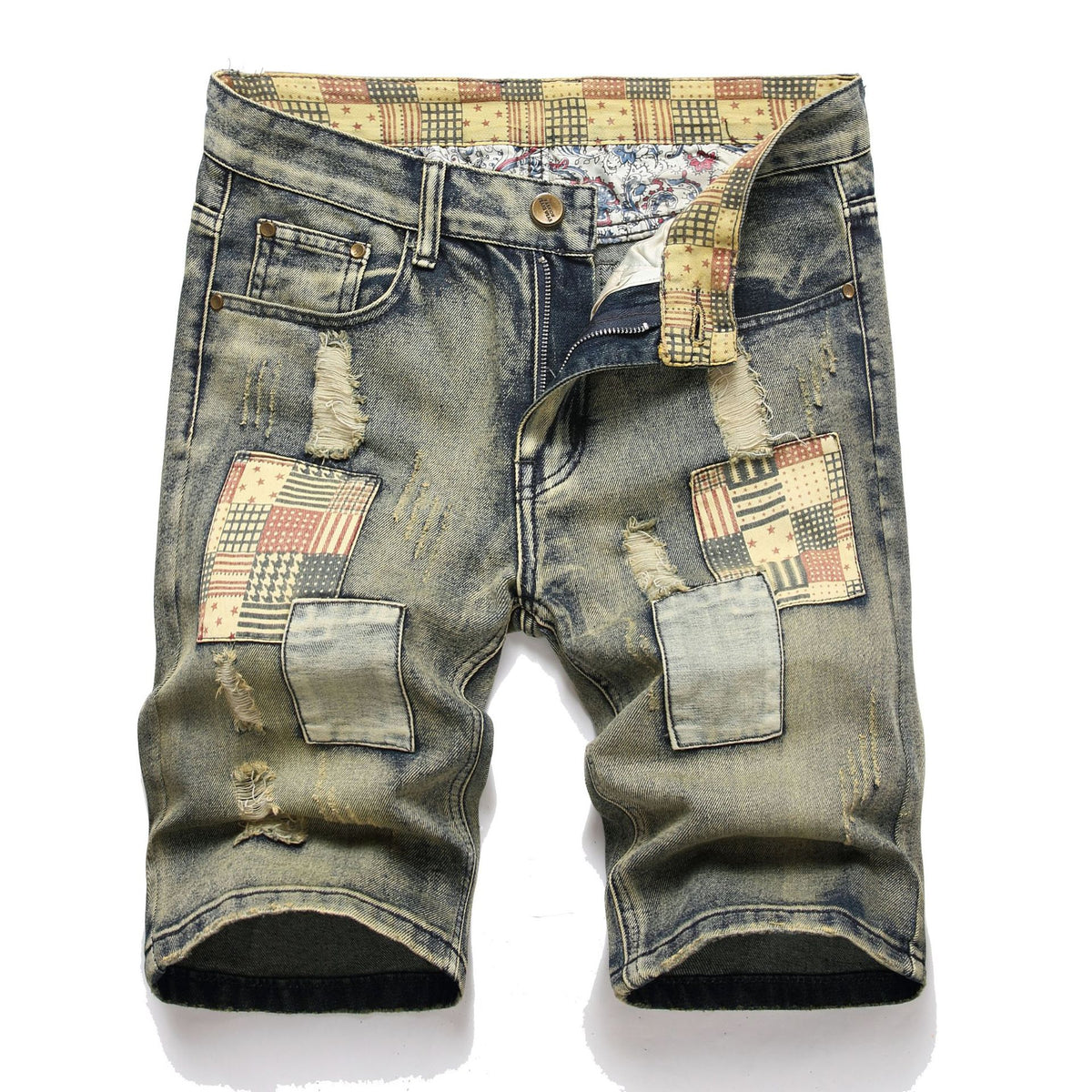 Summer Ripped Patch Denim Shorts Men Casual Jeans