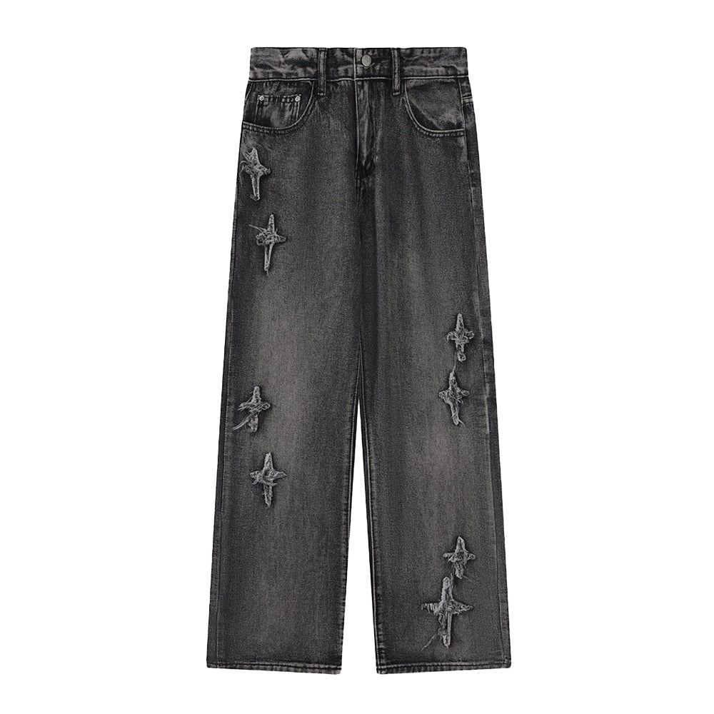 High Street Stars Embroidery Distressed Jeans