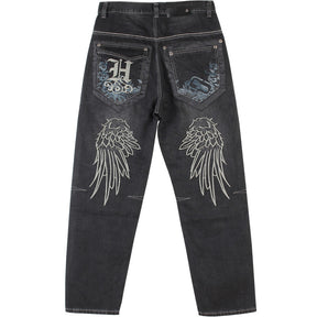 Men's Loose Baggy Jeans Hip Hop Skater Embroidered Black Denim Trousers