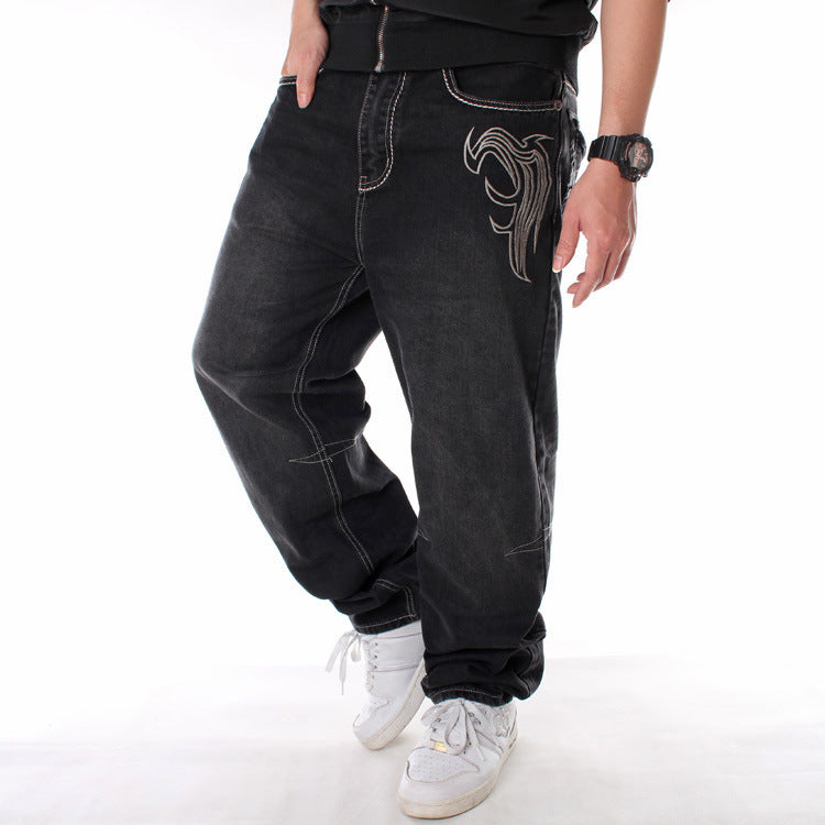 Men's Loose Baggy Jeans Hip Hop Skater Embroidered Black Denim Trousers