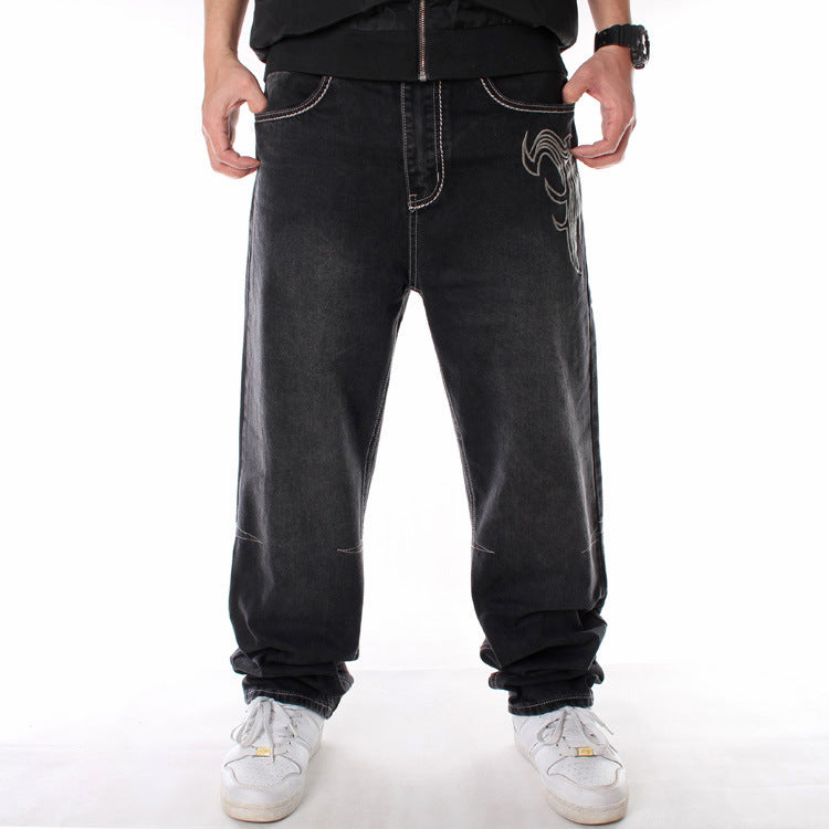 Men's Loose Baggy Jeans Hip Hop Skater Embroidered Black Denim Trousers