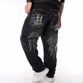 Men's Loose Baggy Jeans Hip Hop Skater Embroidered Black Denim Trousers