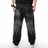 Men's Loose Baggy Jeans Hip Hop Skater Embroidered Black Denim Trousers