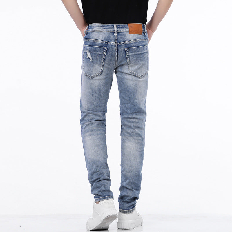 Mens Cotton Ripped Jeans with Slim Pleated Biker Style