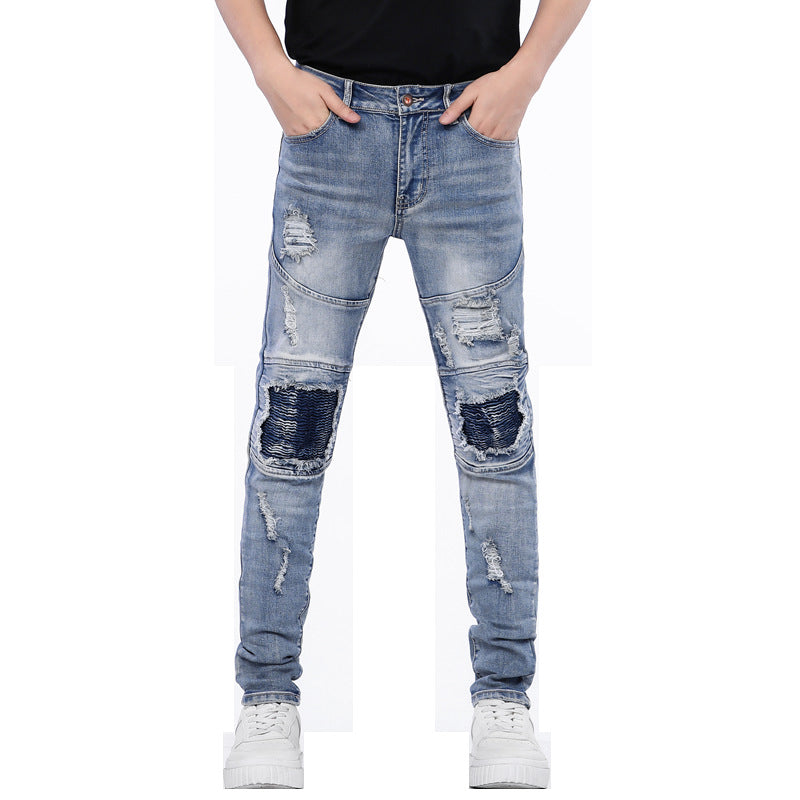 Mens Cotton Ripped Jeans with Slim Pleated Biker Style