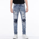 Mens Cotton Ripped Jeans with Slim Pleated Biker Style