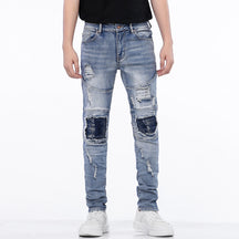 Mens Cotton Ripped Jeans with Slim Pleated Biker Style