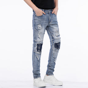 Mens Cotton Ripped Jeans with Slim Pleated Biker Style