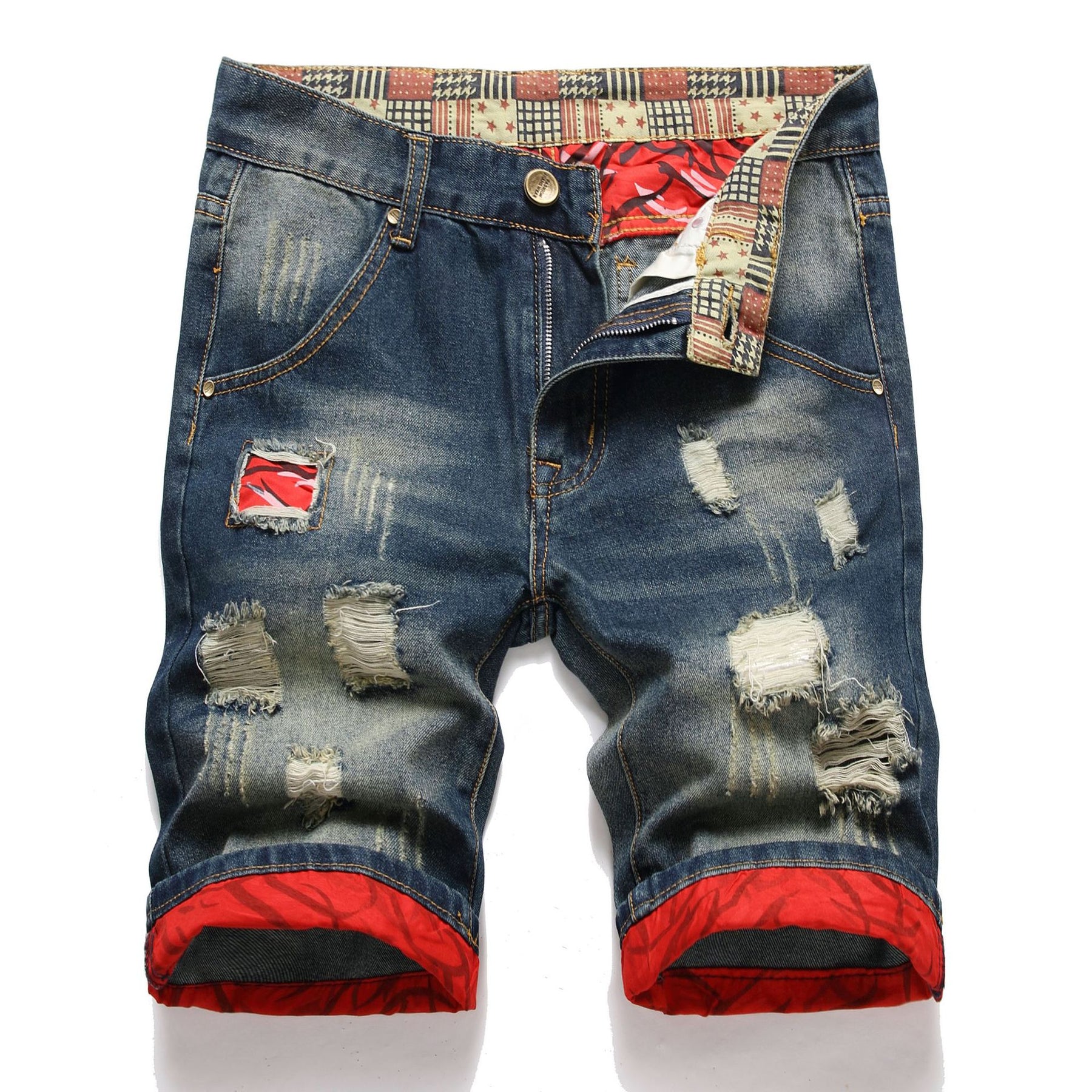 Men's Ripped Jeans Patch Cuffed Denim Shorts