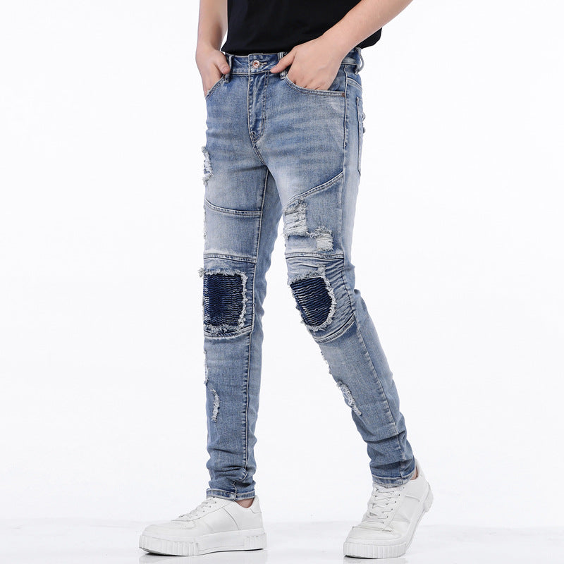 Mens Cotton Ripped Jeans with Slim Pleated Biker Style